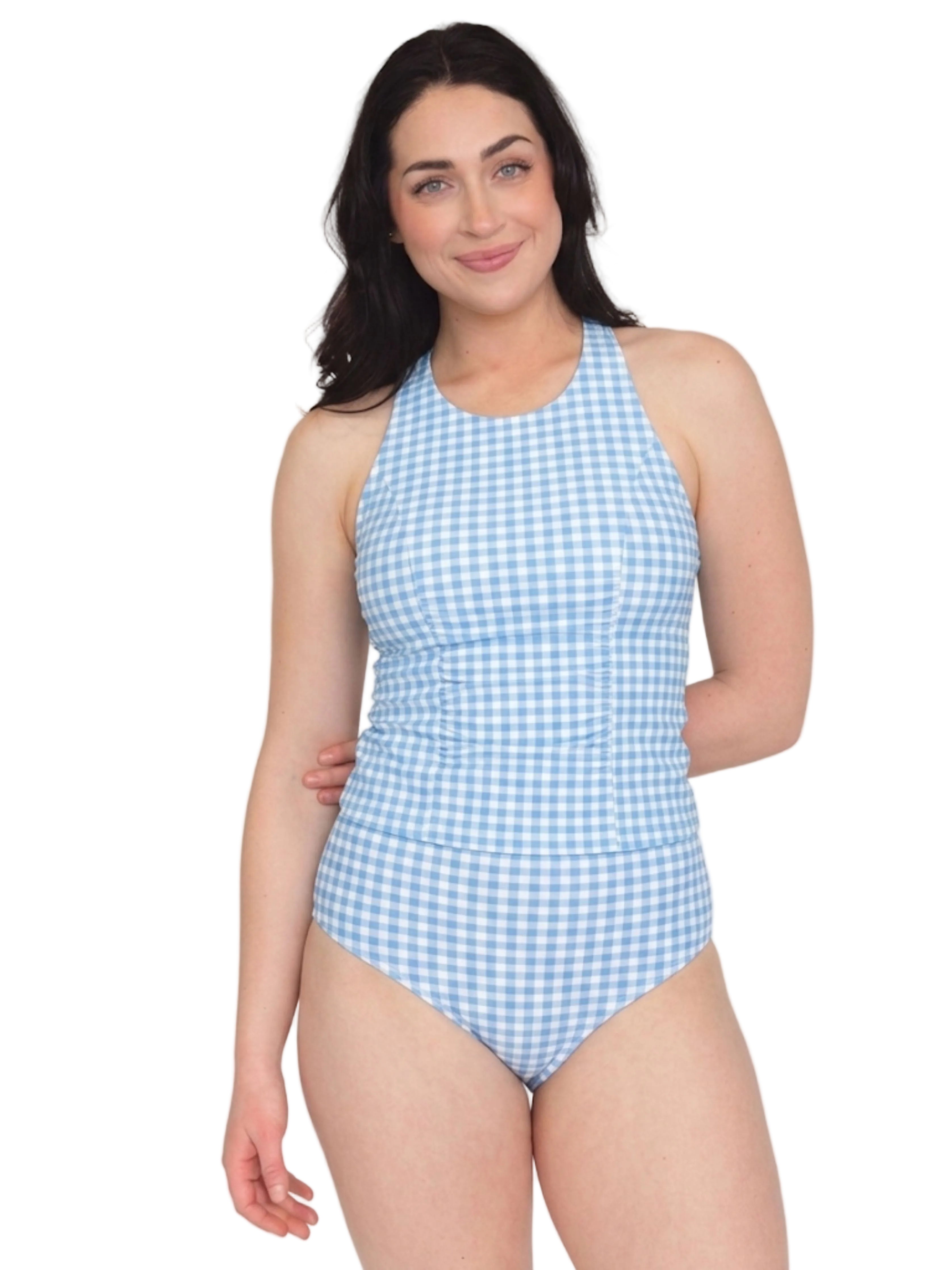 Sky Gingham Scoop Racer-Back Tankini Top