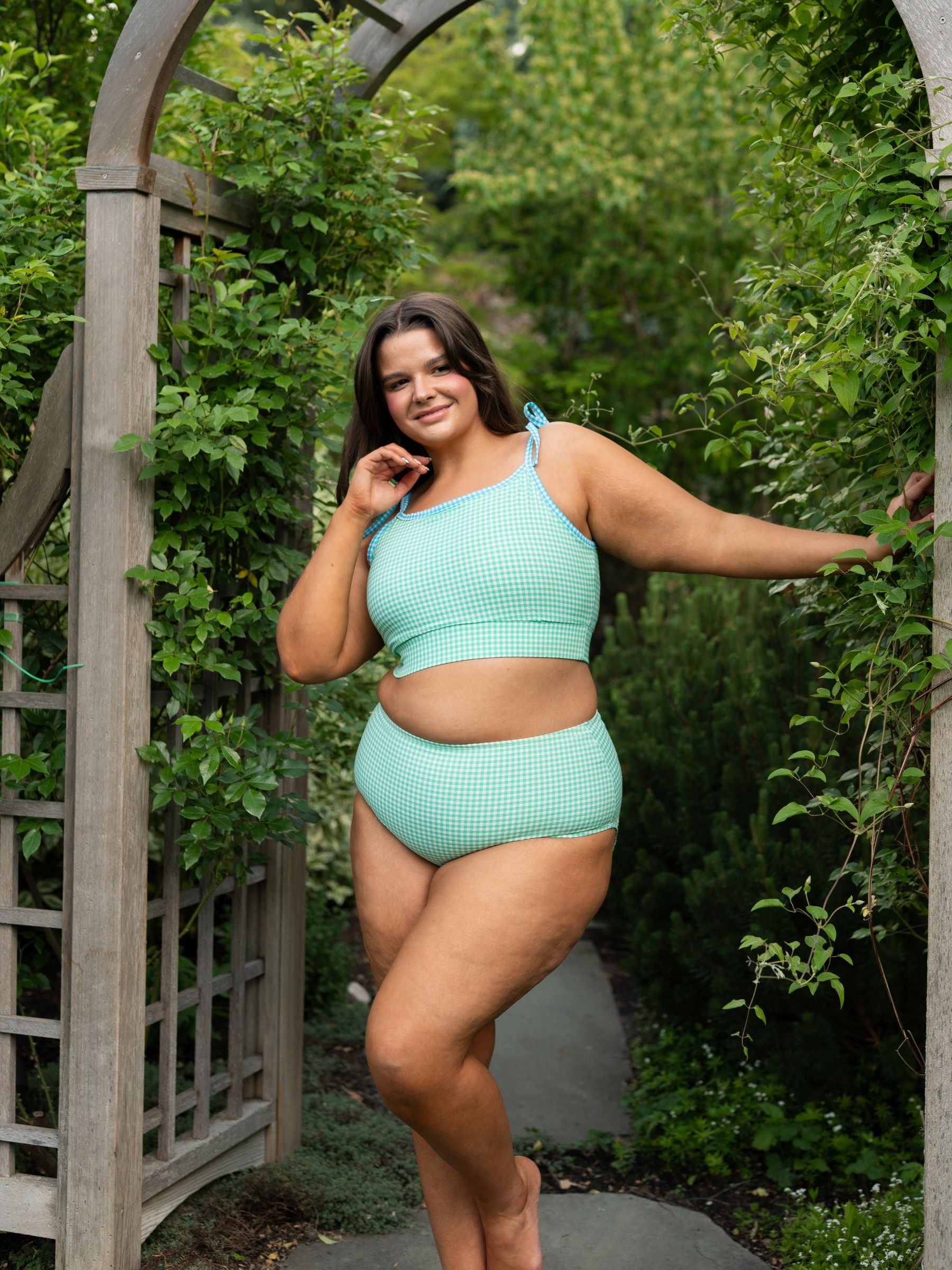Green Seersucker Shoulder-Tie Crop Top
