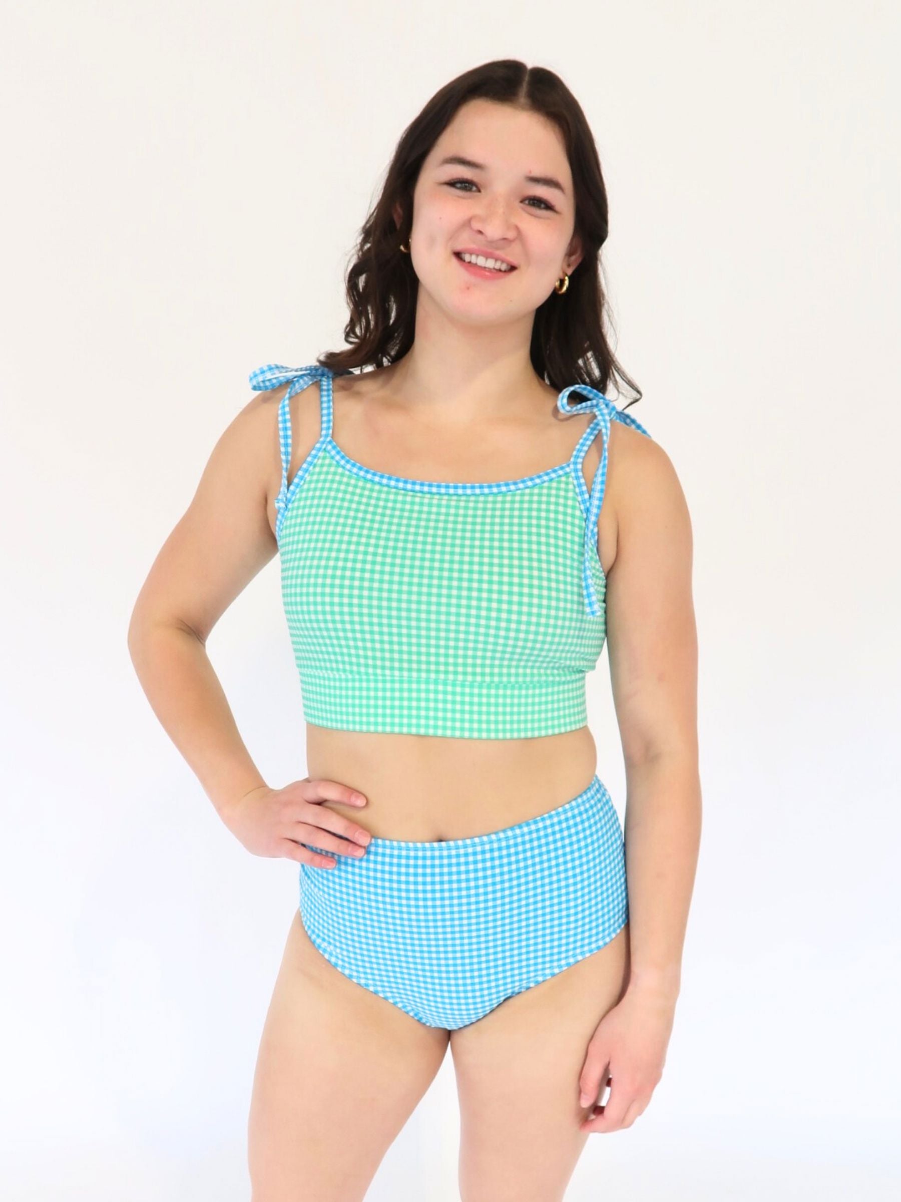 Green Seersucker Shoulder-Tie Crop Top