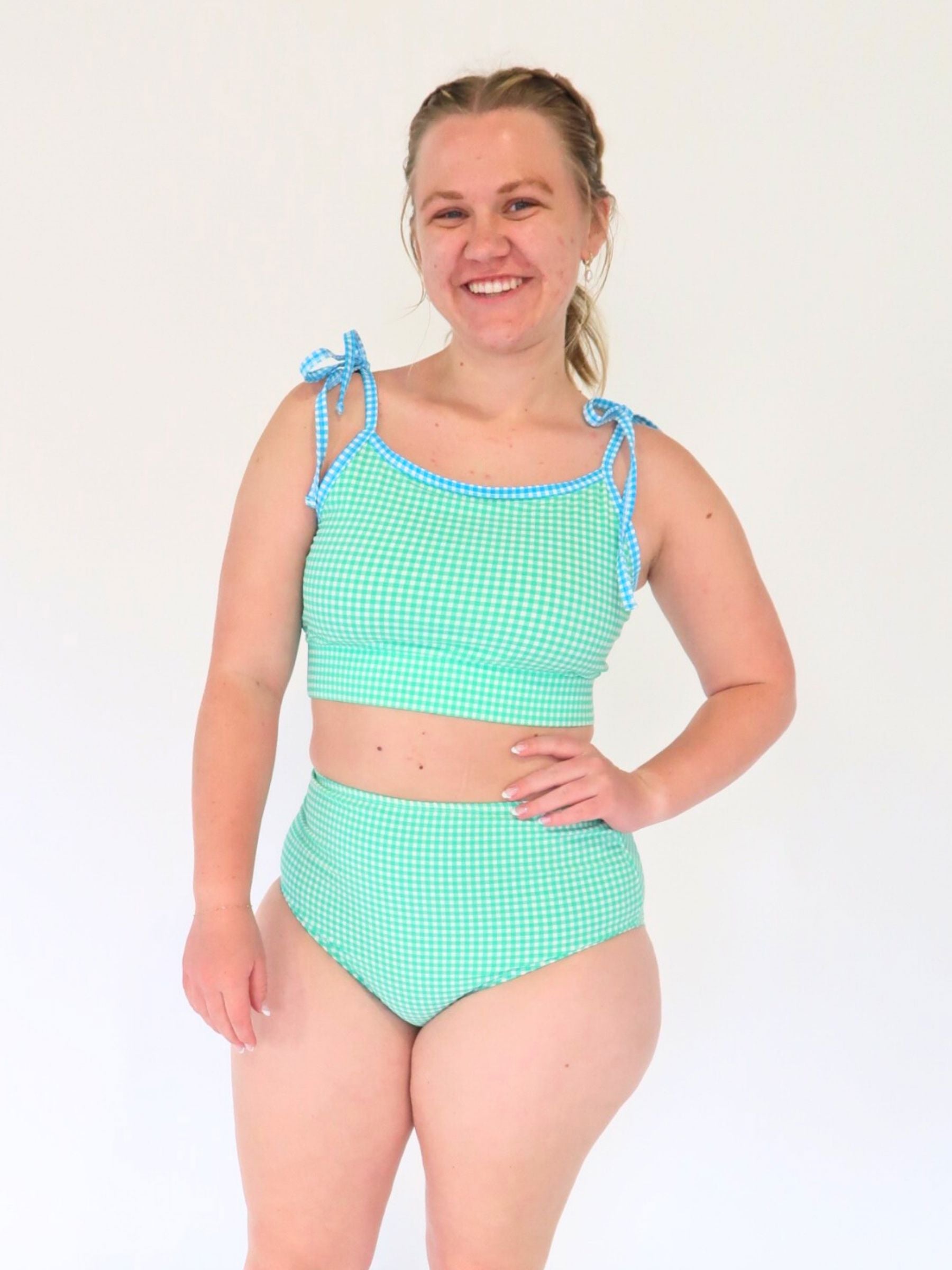 Green Seersucker Shoulder-Tie Crop Top