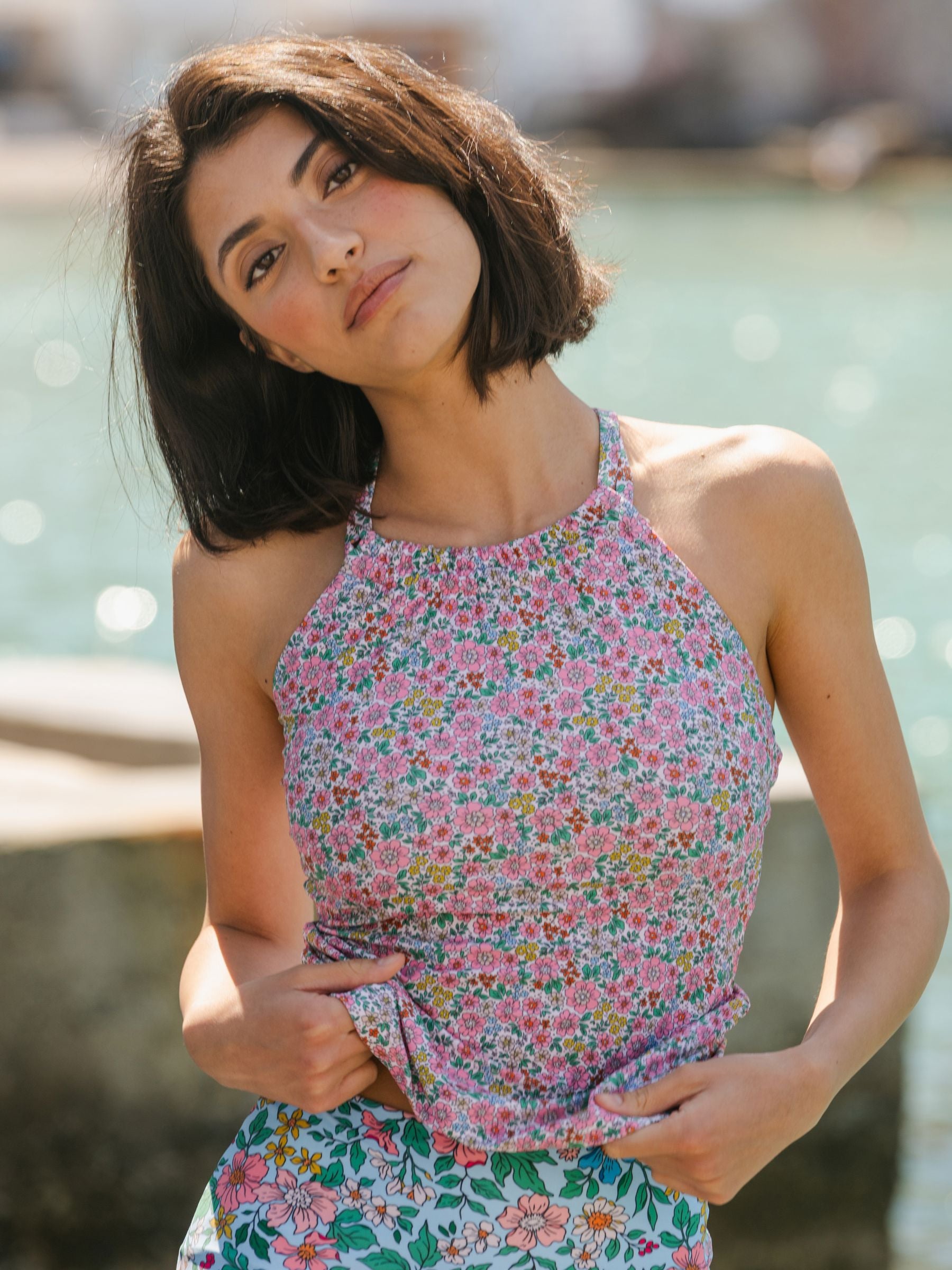 Whimsy Floral Double-Cinch Tankini Top