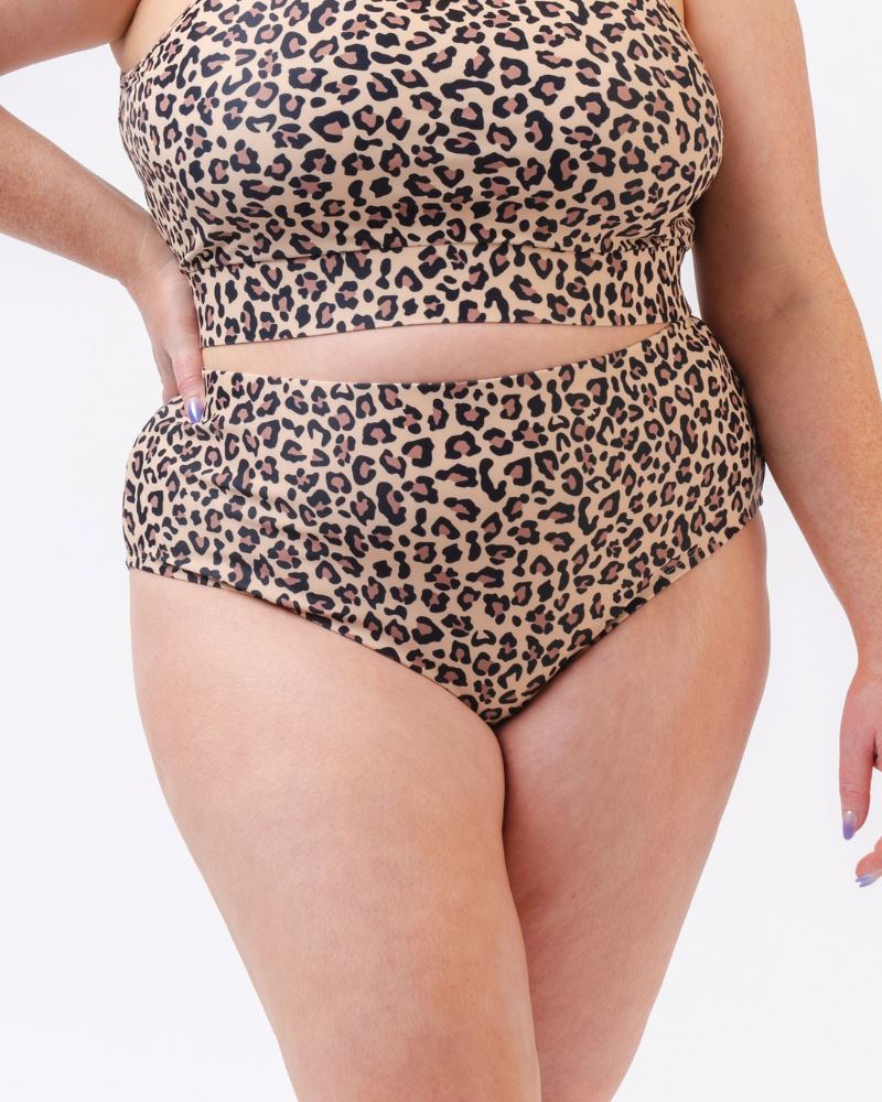 Close up photo of a woman wearing a leopard print high waist swim bottom
