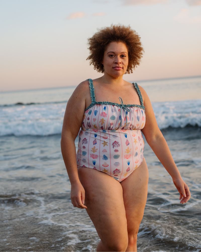 Shell Stripe Ruffle-Strap One-Piece