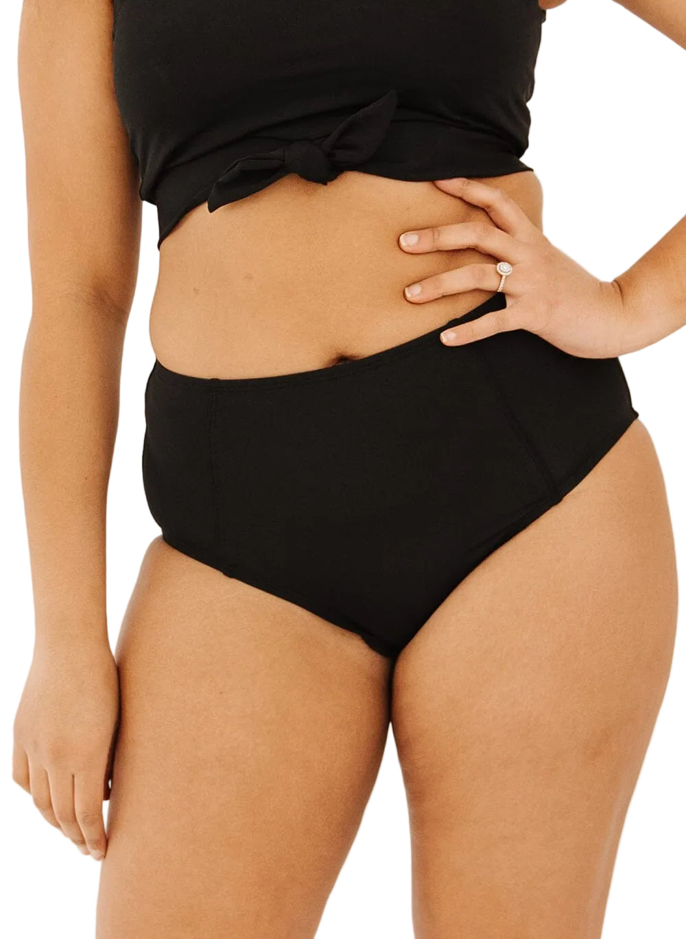 Photo of a woman wearing black high-waist swim bottoms