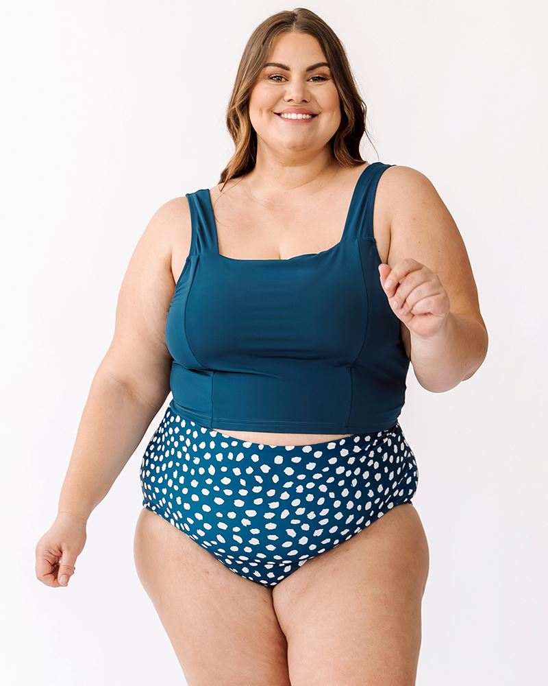 Picture of woman wearing Indigo square neck crop and high-waist Indigo dot reversible bottoms