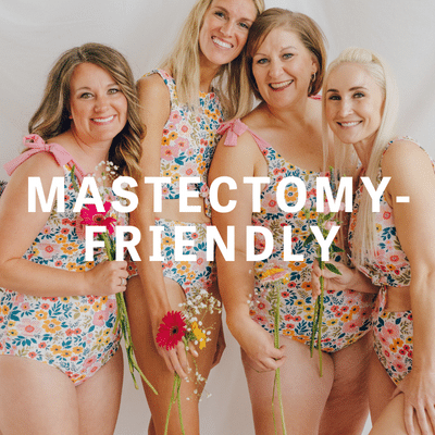 Photo of four woman smiling wearing multi colored floral one piece swimsuits and two piece multi colored floral swimsuits