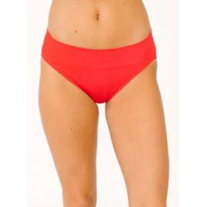 Close up photo of a woman wearing red classic low rise swim bottoms