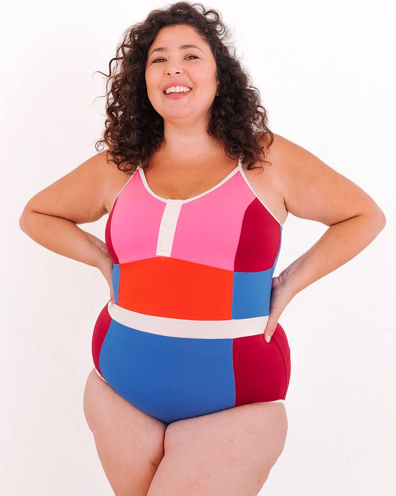 Photo of a woman wearing a Color Block one-piece swim suit