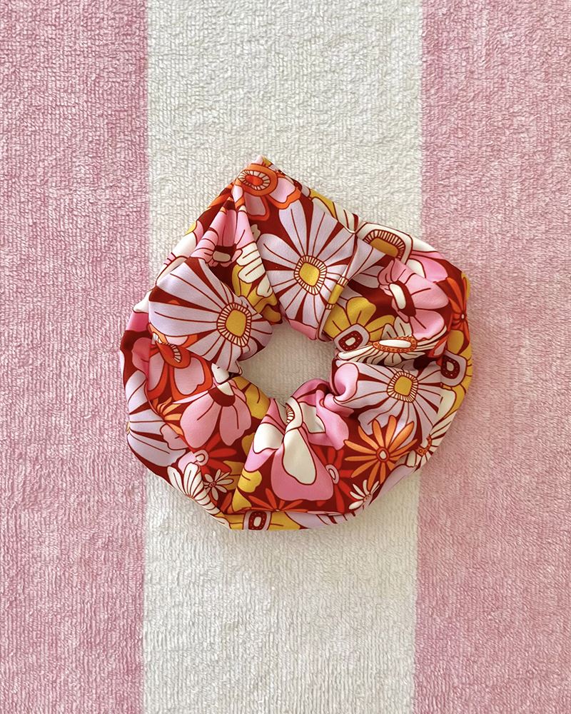 Photo of multi colored floral hair scrunchie