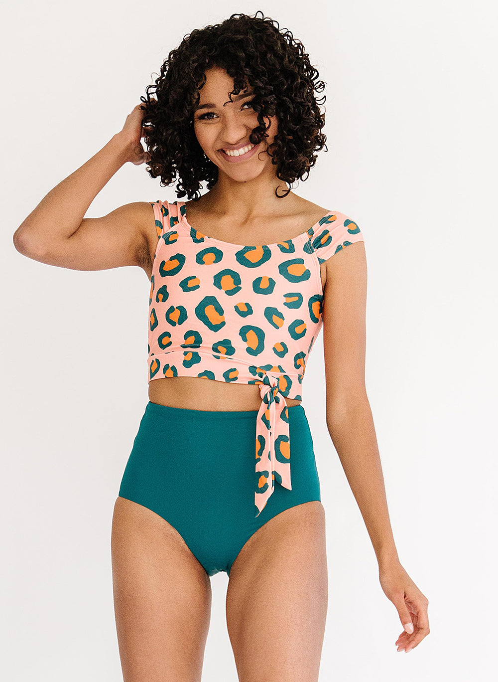 Peach Leopard Cap Sleeve Swim Top